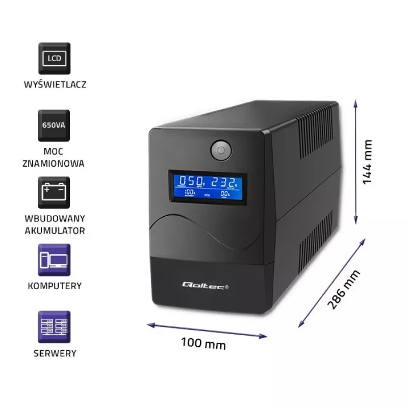 Qoltec Monolith UPS doppia conversione Online 0,65 kVA 360 W 2 prese AC