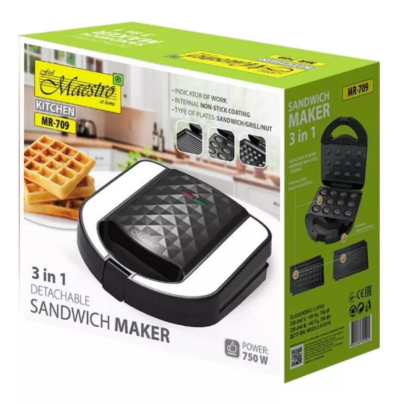 Tostiera sandwich maker Maestro MR-709 3in1 750W – pressa per sandwich, piastre grill e waffle, bianco