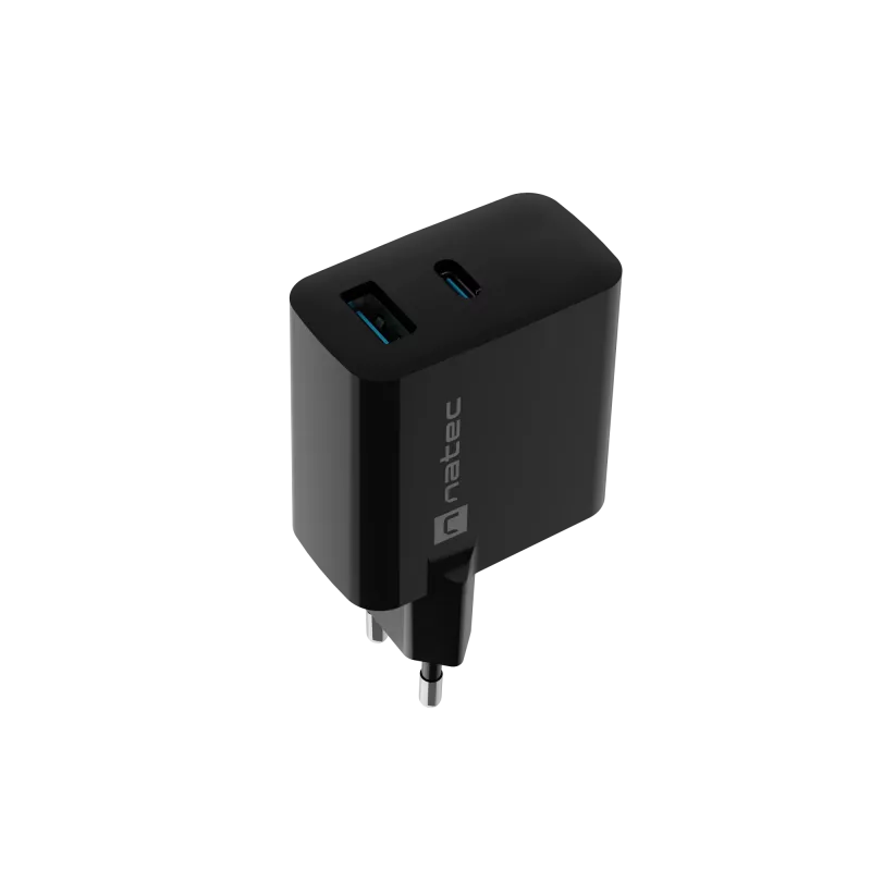 Caricabatterie con filo per dispositivi mobili NATEC NUC-2143, 45 W, USB-C PD 3.0 + USB-A QC 3.0, 110–240 V, nero