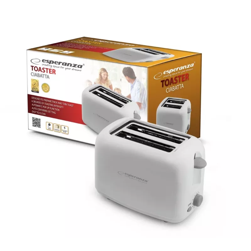 Esperanza EKT002 Ciabatta tostapane, 2 fessure, 600 W, bianco