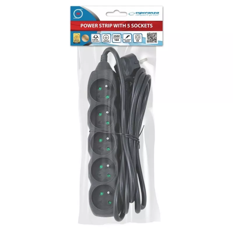 Ciabatta ESPERANZA ELK208K — 5 prese, cavo 3 m, nero
