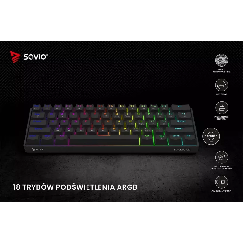 Tastiera meccanica da gaming SAVIO BLACKOUT X2 BROWN 61 tasti 60% USB QWERTY RGB Outemu Brown