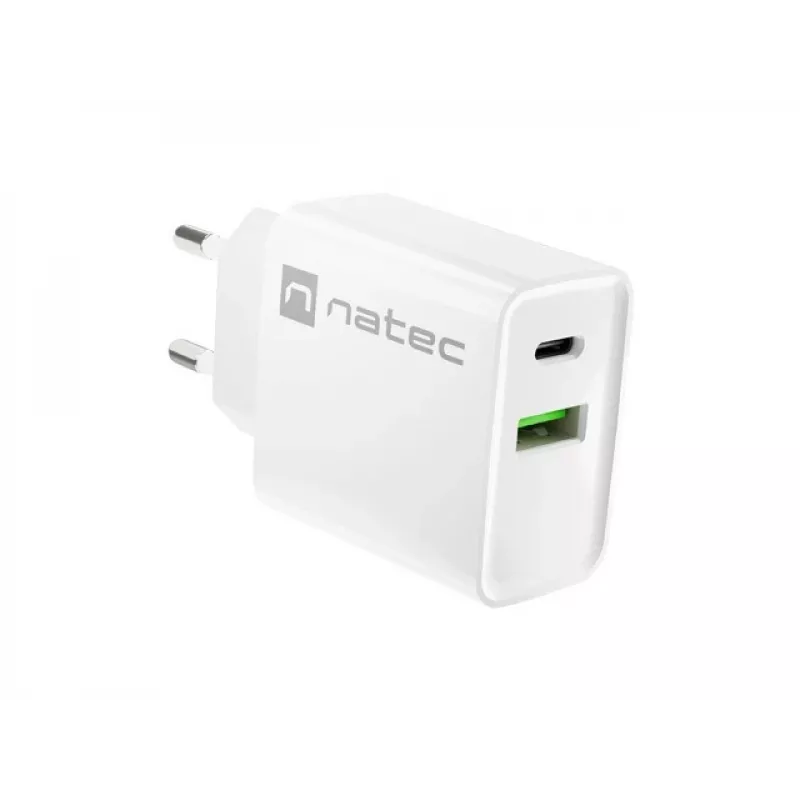 Caricabatterie rapido da parete NATEC RIBERA 12V 20W USB-C PD 3.0 + USB-A Samsung AFC bianco