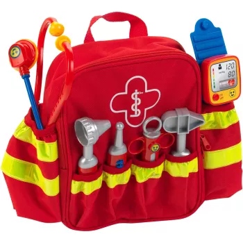 Theo Klein 4314 Zaino di soccorso d'emergenza I con stetoscopio, siringa e molto altro I Misuratore di pressione elettronico con suono I Giocattolo per bambini