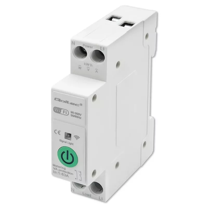 Relè Wi-Fi per guida DIN QOLTEC 50881 — relè commutatore di rete 63A per impianti elettrici