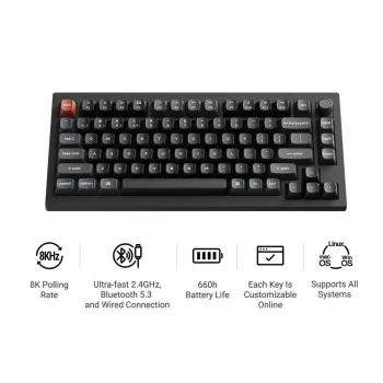 Tastiera meccanica Keychron V1 Ultra 8K — 75% QWERTY, Bluetooth, con filo, RGB, nero