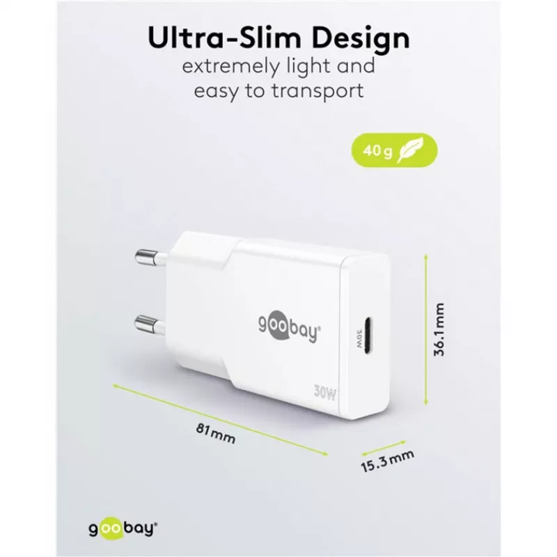 Caricabatterie rapido sottile USB-C PD GaN (30 W) (bianco)
