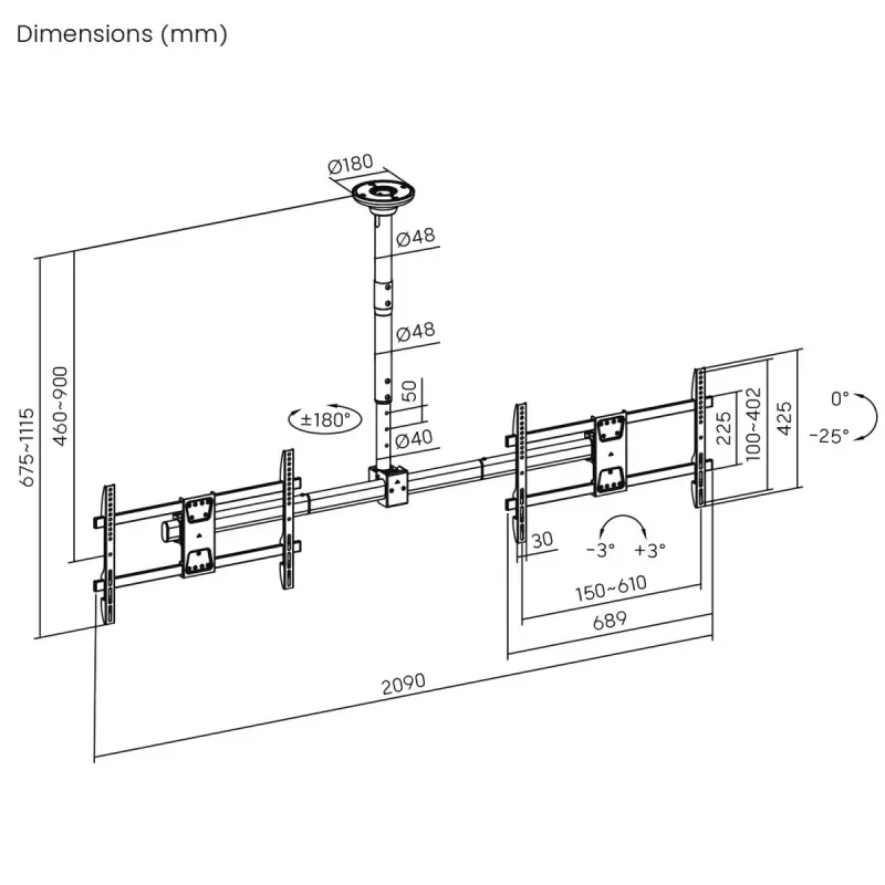 Supporto da soffitto MACLEAN MC-111 B per due televisori, carico max. 2×40 kg, VESA max. 600×400