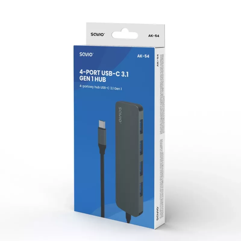 Hub USB SAVIO AK-54 — 4 x USB-A (USB 3.2 Gen 1), host USB-C, nero
