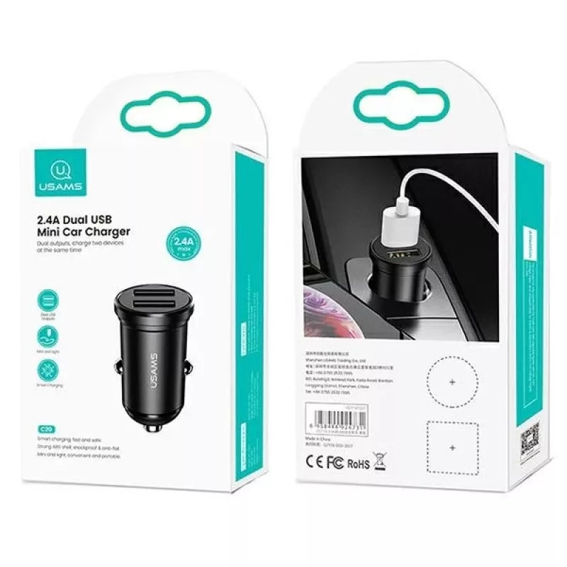 Caricabatterie da auto usams USA000867 — Dual USB 2×2,4A, nero