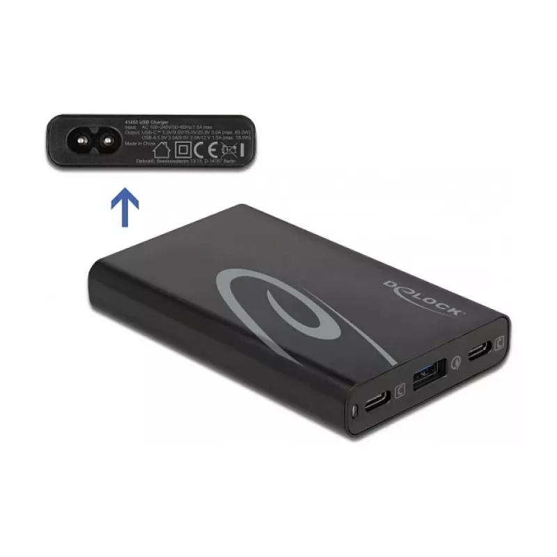 DeLOCK caricabatterie USB 2 x USB Type-C PD 3.0 + 1 x USB Type-A, 60 W