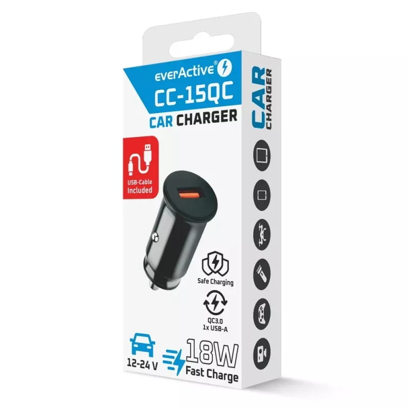 Caricabatterie da auto everActive CC-15QC QC3.0 18W 1x USB con cavo