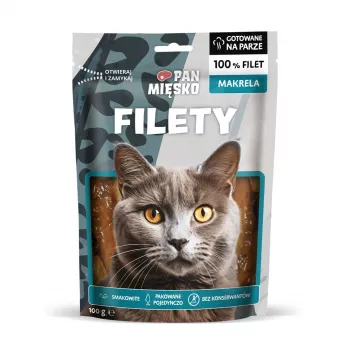 Snack umidi per gatti Pan Miesko filetti di sgombro Adult 100 g — filetti di pesce in porzioni, 25% proteine, 70% umidità