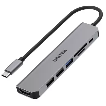 Hub USB-C Unitek 7in1 alluminio PD 100W 5 Gbps — adattatore multiporta con Power Delivery