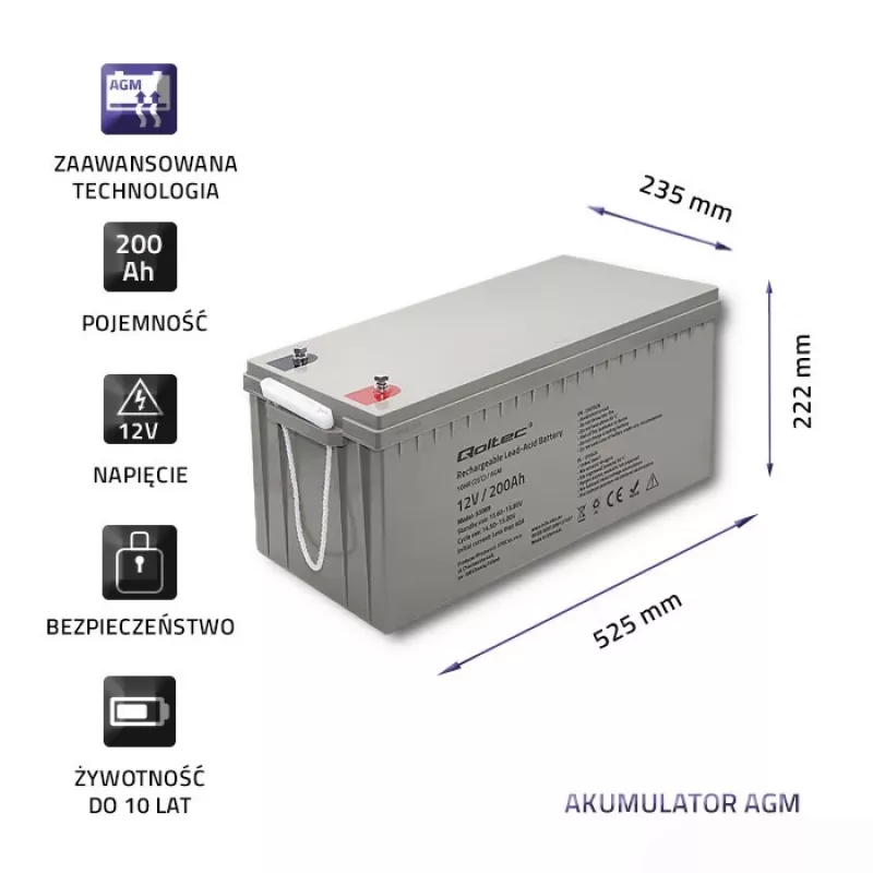Batteria AGM ricaricabile QOLTEC 53069 12V 200Ah per alimentazione di backup e sistemi UPS