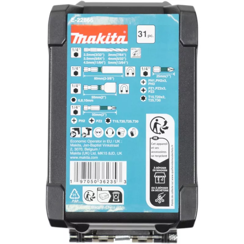 Set di punte Makita E-22866 — 31 pezzi, varie dimensioni per legno, metallo, muratura