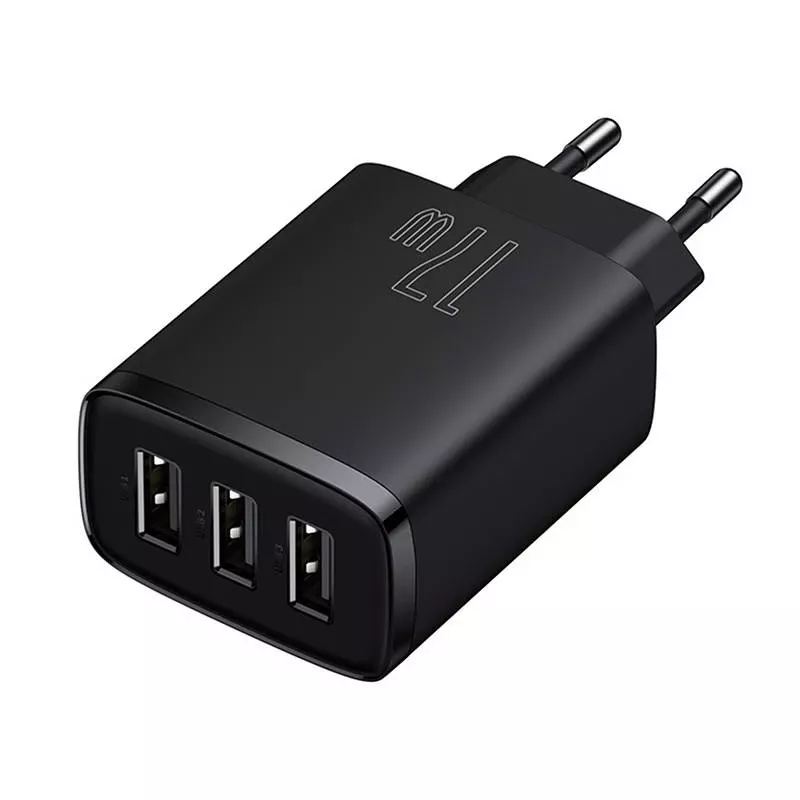 Baseus Caricabatterie rapido compatto, 3x USB, 17 W (Nero)
