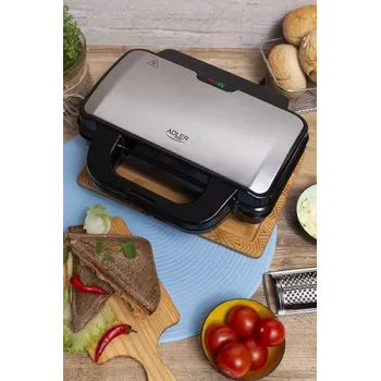 Sandwich maker Adler AD 3043, 1300 W, piastre antiaderenti, 2 sandwich, superficie di cottura 285 × 152 mm, nero
