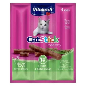 Snack umidi per gatti Vitakraft CatStick Mini pollo con erba, 3 pz. — 18 g, gusto carnoso di pollo, 28% umidità