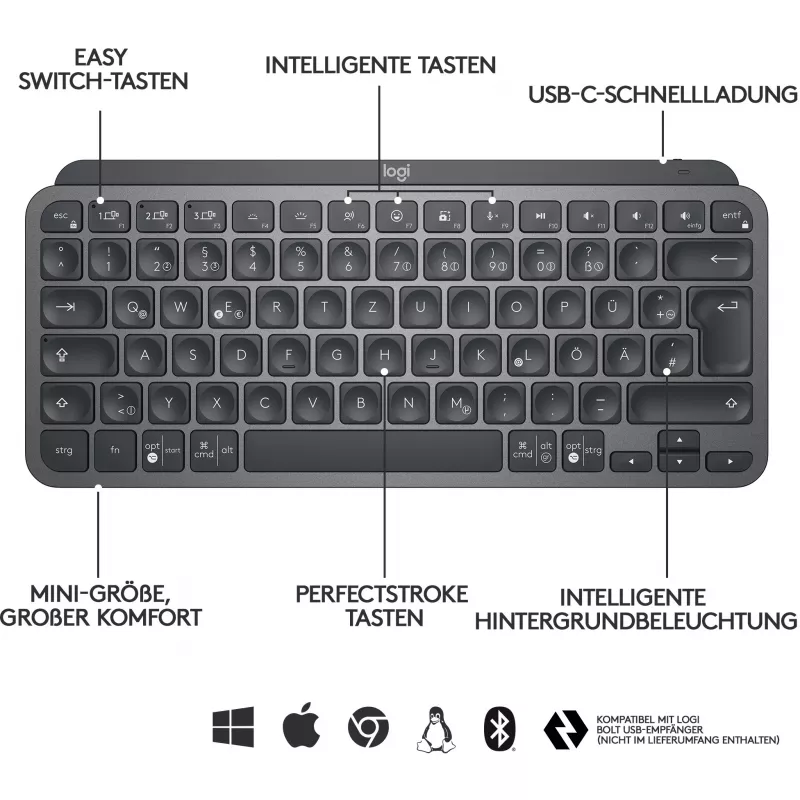 Logitech MX Keys Mini - tastiera - retroilluminata - Bluetooth - QWERTZ - layout svizzero - graphite (920-010485)