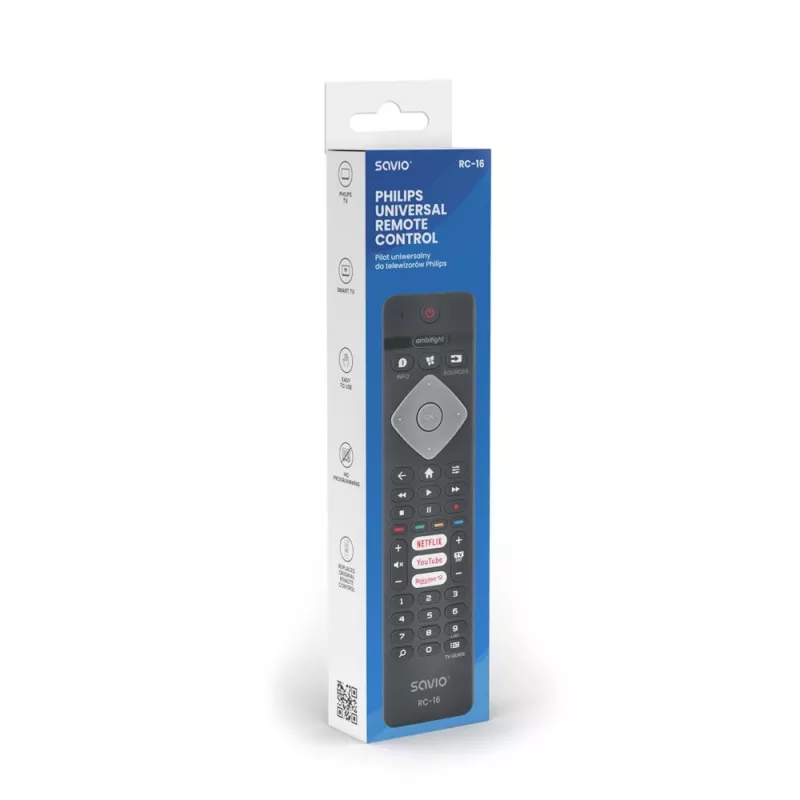 Telecomando IR SAVIO RC-16 per sintonizzatore TV / set-top box, 20 dispositivi, portata 10 m, nero