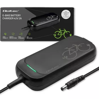 Caricabatterie rapido Qoltec per monopattino elettrico 36V ed e-bike | 42V | 2A | 5,5*2,5 | impermeabile + cavo di alimentazione
