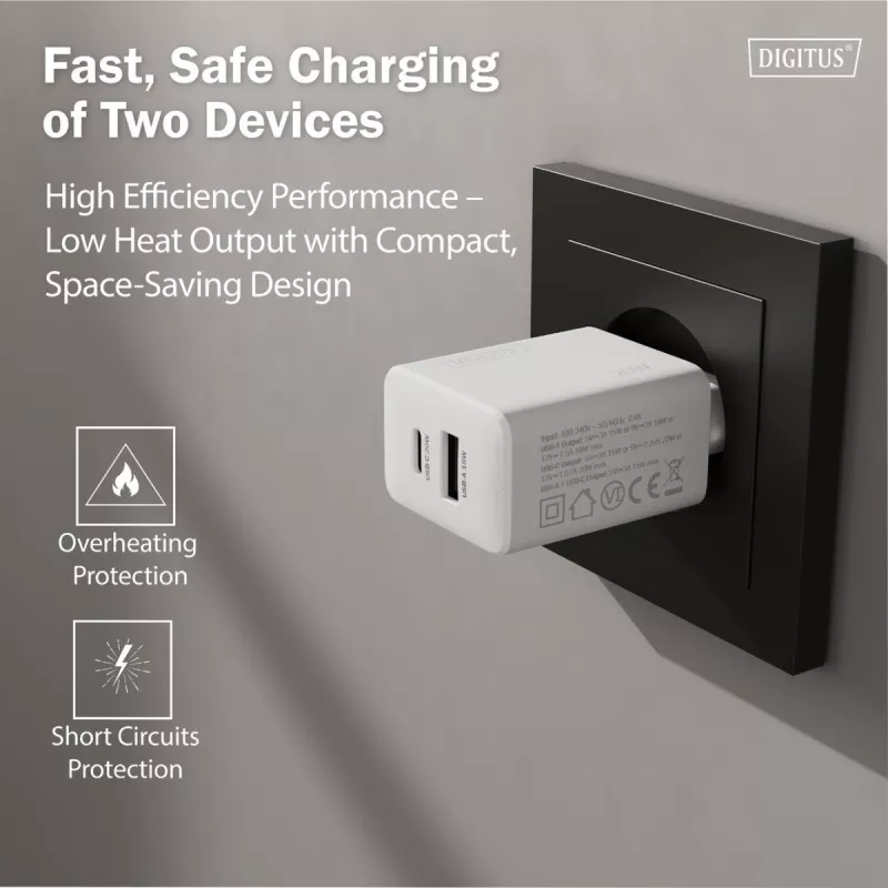 Caricabatterie USB AC DIGITUS 20W, 1x USB-C, 1x USB-A, ingresso 100–240V, bianco