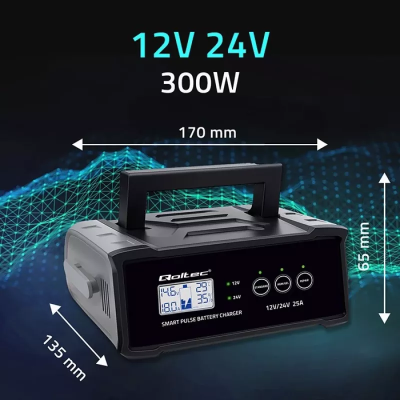 Caricabatterie QOLTEC 52514 — 12V/24V, 25A, per batterie AGM/GEL/SLA con display LCD