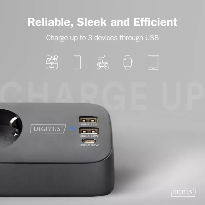 Ciabatta multipla DIGITUS 3 prese con 2×USB-A & 1×USB-C, 3 prese AC Tipo E/F, cavo 1,5 m, nero