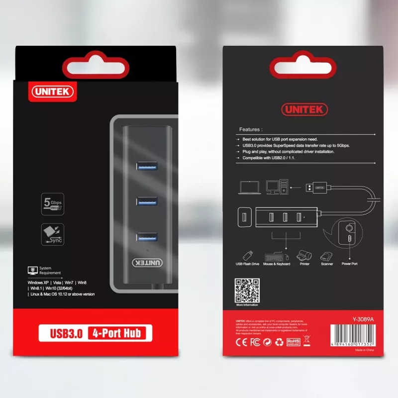 UNITEK Y-3089 hub interfaccia USB 3.2 Gen 1 (3.1 Gen 1) Type-A 5000 Mbit/s nero