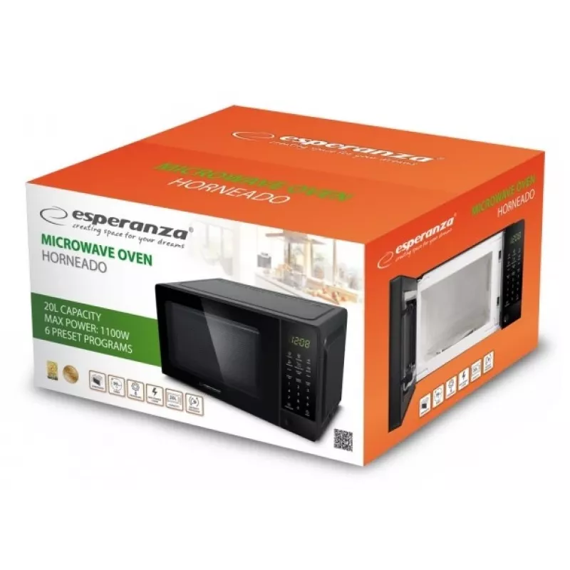 Esperanza EKO009 Horneado forno a microonde solo, da appoggio, 700 W, 20 l, piatto rotante da 24,5 cm, nero