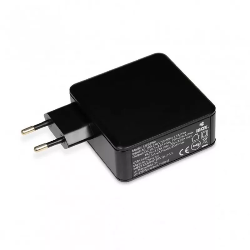 Alimentatore per laptop IBOX IUZ65WA, AC/DC automatico 100–240V → 18,5–20,5V, 65W, 1×USB, nero
