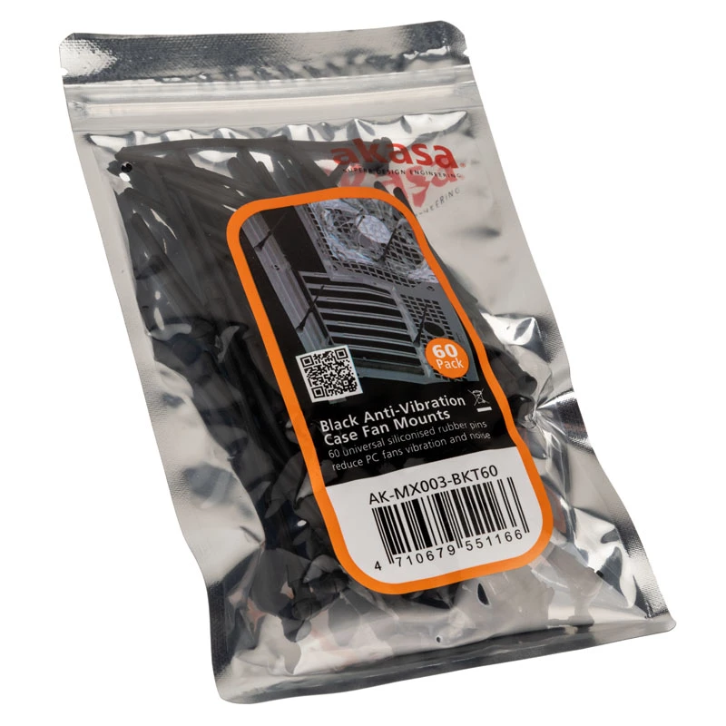 Supporti antivibrazione per ventole Akasa AK-MX003-BKT60 — set da 60 supporti neri per ventole di raffreddamento PC