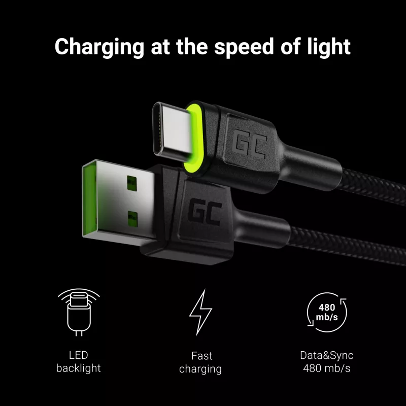 Cavo USB Green Cell KABGC06 1,2 m USB A USB C nero