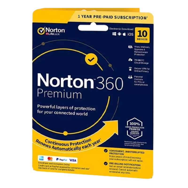 Norton 360 Premium | 10 dispositivi | 1 anno | 75 GB di spazio cloud | EU | NON SUB |