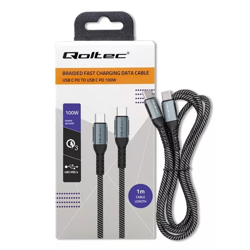 Cavo Qoltec USB 2.0 Type-C a USB 2.0 Type-C 100W QC 3.0 PD 1m nero