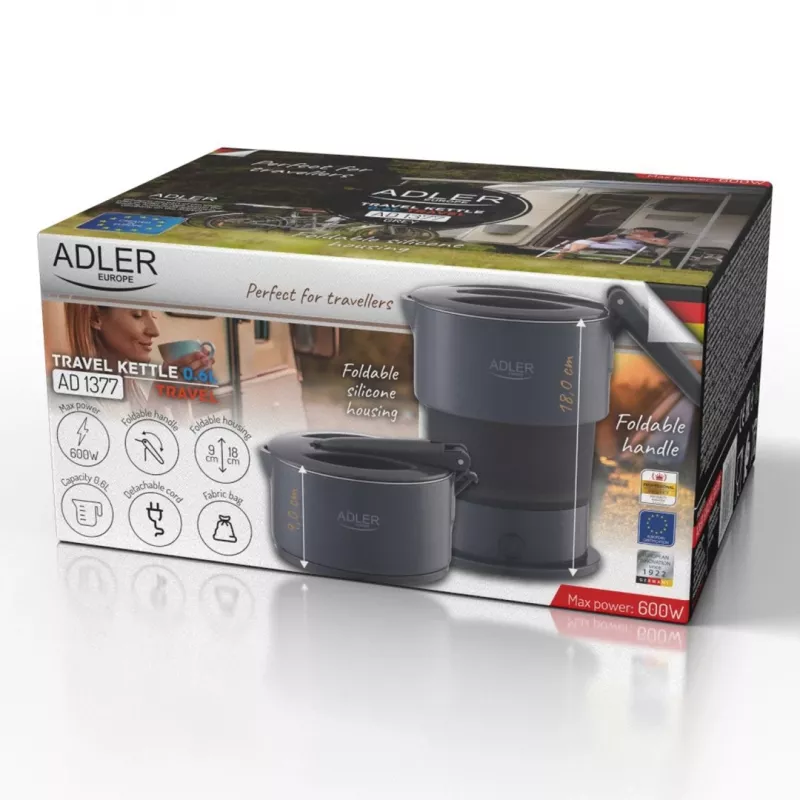 Bollitore elettrico Adler AD 1377G, capacità 0,6 L, 600 W, grigio, plastica/silicone/acciaio inox