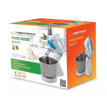 Frullatore da tavolo ESPERANZA EKM019WB — 150 W, ciotola da 2,5 L, 7 velocità, ganci per impastare, doppia frusta, bianco