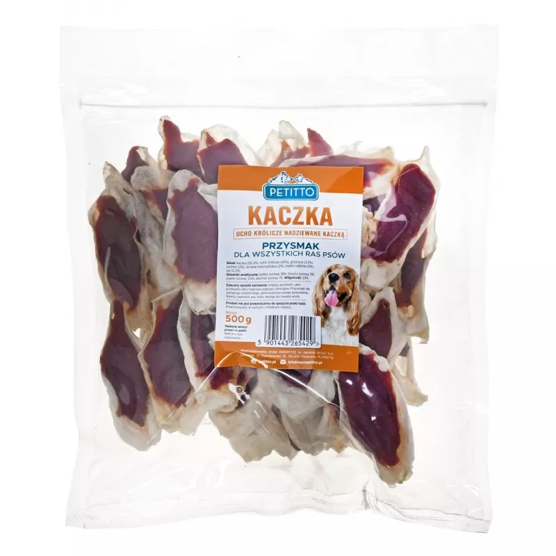 PETITTO Orecchio di coniglio ripieno di anatra snack per cani, 500 g