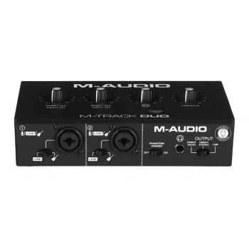 Interfaccia audio M-Audio M-Track Duo — USB 2-in/2-out, 16-bit/48 kHz, 1x combo XLR/TS, 1x ingresso strumento, alimentazione phantom 48V