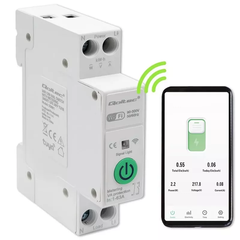 Relè Wi-Fi per guida DIN QOLTEC 50881 — relè commutatore di rete 63A per impianti elettrici