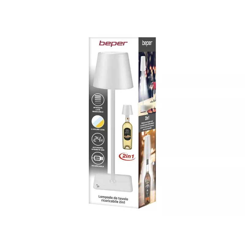 Beper P201UTP112 lampada da tavolo ricaricabile, controllo touch, 2 W, 2000 mAh, bianca
