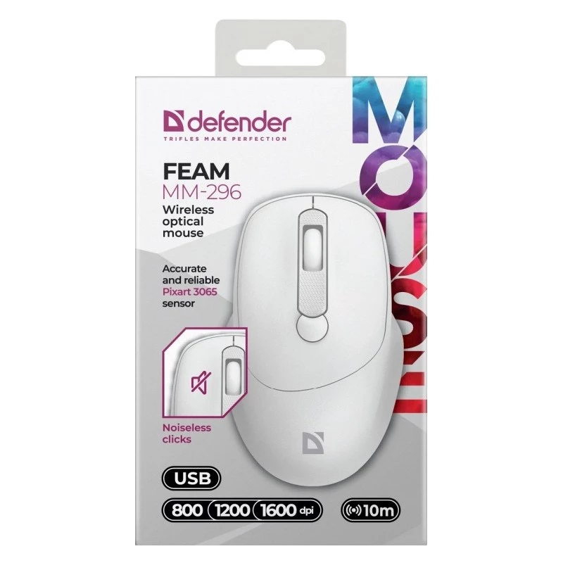 Defender Feam MM-296 52297 mouse wireless, clic silenzioso, ottico, 1600 DPI, USB, bianco