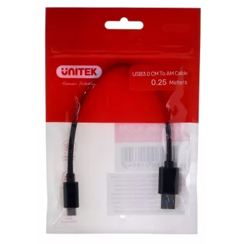 Cavo USB-C a USB-A Unitek Y-C490BK 3.1 Gen1 (USB 3.0), 0,25 m, nero, connettore maschio-connettore maschio