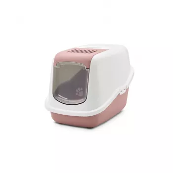 Vaschetta lettiera per gatti coperta Savic Nestor bianco-rosa, vassoio chiuso con cupola, 56×39×38,5 cm