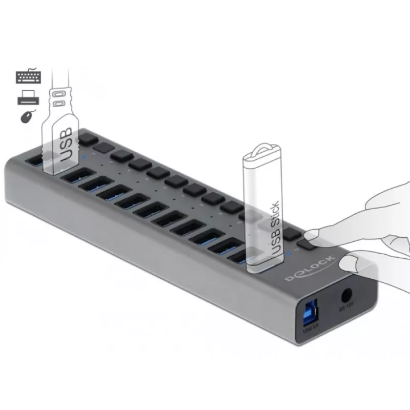 DeLOCK hub USB esterno 5 Gbit/s con 13 porte + interruttore, USB 3.2 Gen 1 (3.1 Gen 1) Type-B, USB 3.2 Gen 1 (3.1 Gen 1) Type-A, 5000 Mbit/s, grigio, alluminio, 1 m