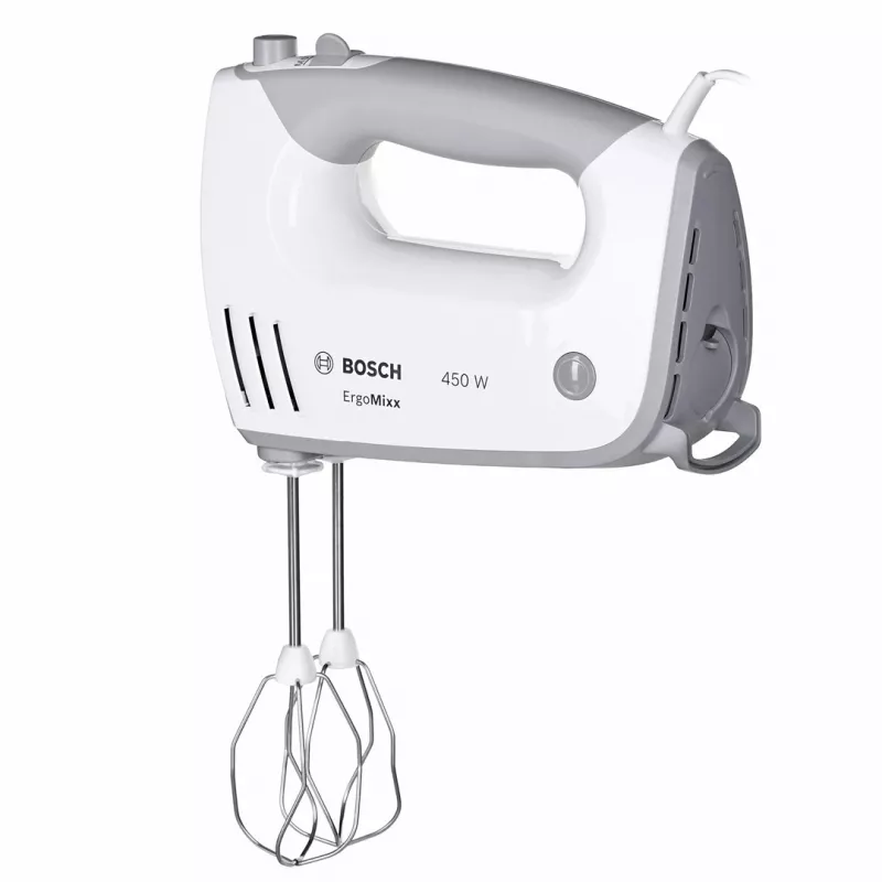 Frullatore a mano Bosch MFQ36480 – 450 W, 5 velocità con turbo, grigio/bianco, fruste e ganci per impastare
