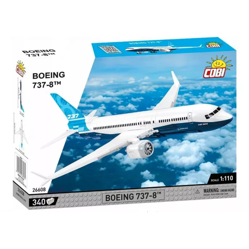 Set di costruzione Cobi Boeing 737-8 — 340 pezzi, età consigliata 7+, blu e bianco
