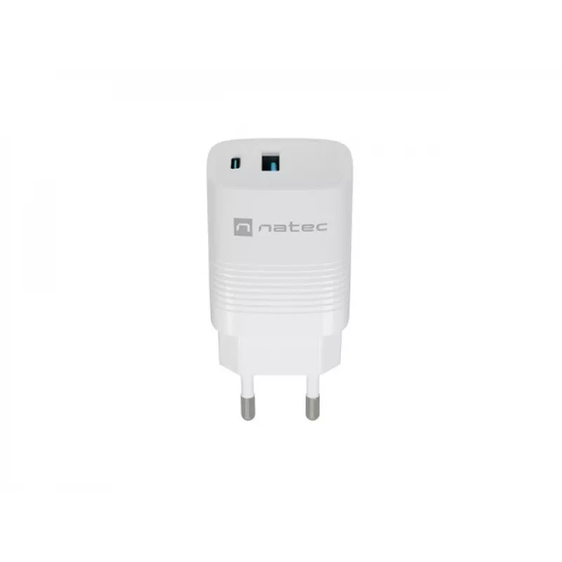 Caricabatterie con filo per dispositivi mobili NATEC NUC-2140, 30W, USB-C PD 3.0 + USB-A, Samsung AFC, bianco