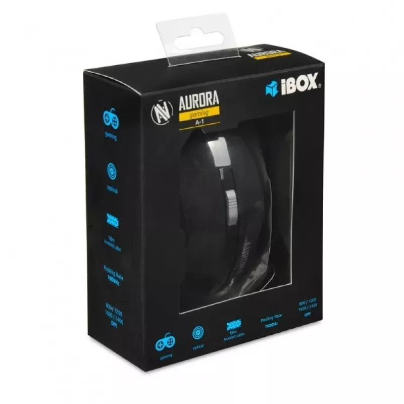 iBox Aurora A-1 IMOGS9031 mouse da gaming ottico cablato, 2400 DPI, USB Type-A, RGB, per destrimani, nero